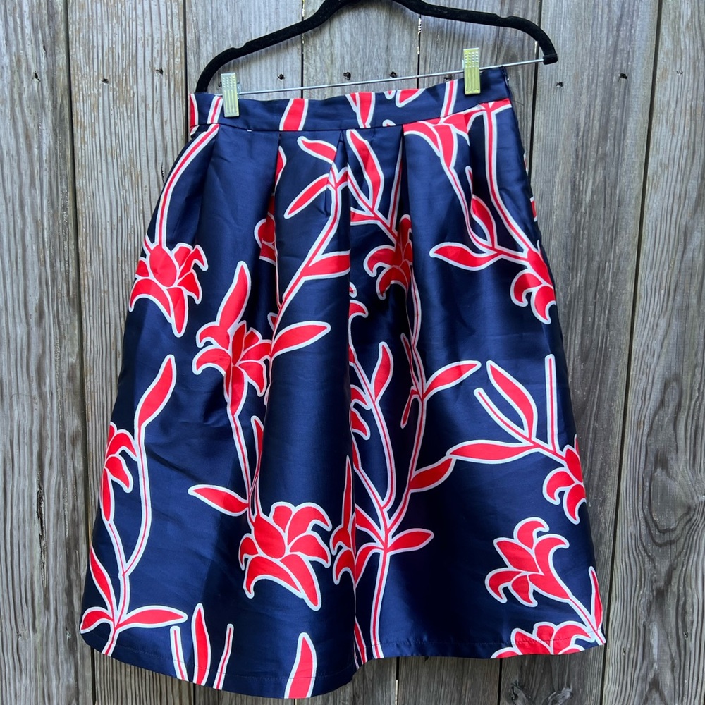 LUCY WANG Orange Navy Blue Floral A Line Skirt Women’s Large